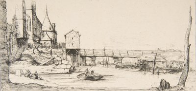 Gångbron som tillfälligt ersätter Pont-au-Change, Paris, efter branden 1621, af..., 1860. av Charles Meryon