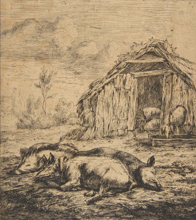 Tre grisar som ligger framför ett skjul, 1850. av Charles Meryon