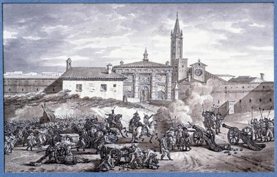 Italiens kampanjer: "" Napoleon Bonaparte (1769-1821) och marechal Augereau satte en dörr till Verona i Italien med en kanon 1796""" Ritning i pennan tillskriven Charles Meynier (1768-1832). Dämpa. 0,25x0,4 m. Paris, Louvren av Charles Meynier