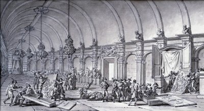 Plundring av konstverk under Napoleon Bonaparte: "Madonnan av Correge (Antonio Correggio) togs från akademin i Parma och överlämnades till de franska curatorerna i maj 1796". Teckning med kinesiskt tusch av Charles Meynier (1768-1832). Dämpa. 0,17x0,32 m av Charles Meynier