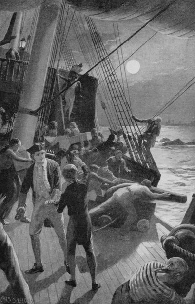 Kapten Cooks skepp var i fara och besättningen kastade vapnen överbord (litho) av Charles Mills (after) Sheldon