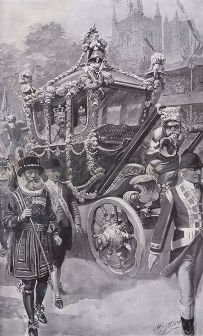 Kung Edward VII och drottning Alexandra i State Coach återvänder från sin kröning i Westminster Abbey, London av Charles Mills (after) Sheldon
