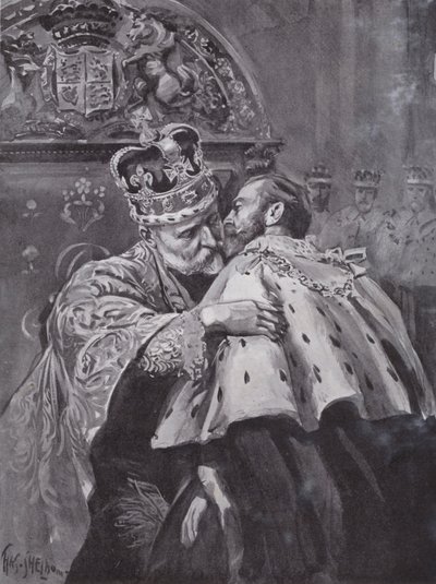 Kung Edward VII omfamnar sin son, prinsen av Wales, vid kungens kröning, Westminster Abbey, London av Charles Mills (after) Sheldon