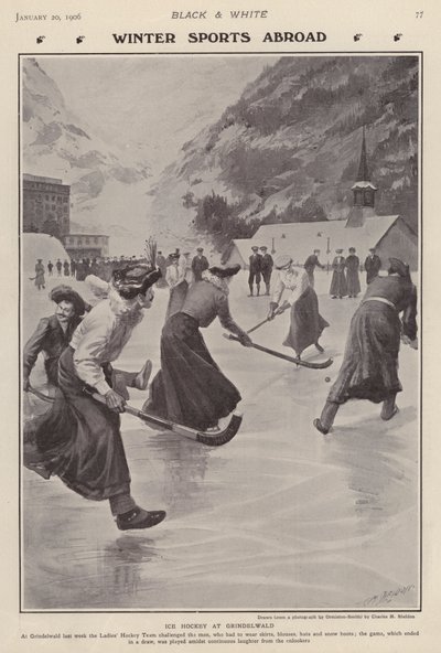Spelar ishockey i Grindelwald, Schweiz (litho) av Charles Mills (after) Sheldon