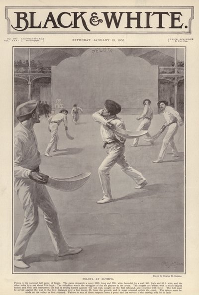 Den baskiska sporten pelota spelas på Olympia, London (litho) av Charles Mills (after) Sheldon