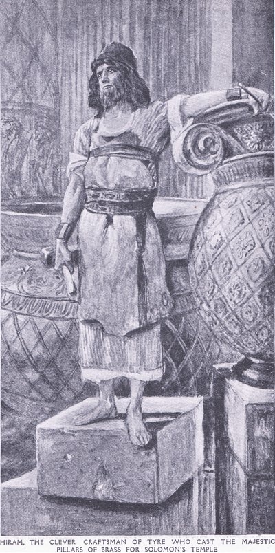 Hiram, den skicklige hantverkaren i Tyrus som gjöt de majestätiska pelarna av mässing till Solomans tempel. av Charles Mills Sheldon