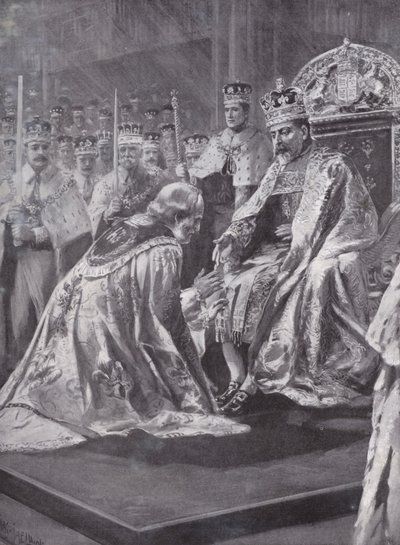 Hyllning av ärkebiskopen av Canterbury vid kröningen av kung Edward VII, Westminster Abbey, London, 1902 av Charles Mills after Sheldon