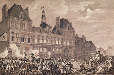 Robespierre, Saint-Just, Couthon och Hanriot tar sin tillflykt i Hotel-de-Ville i Paris, 9 Thermidor år II (27 juli 1794) 1800 av Charles Monnet
