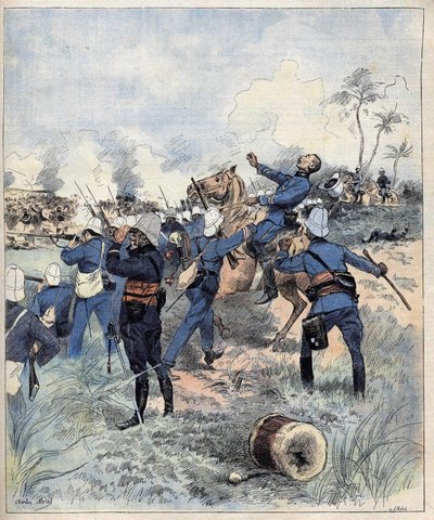 Kommendör Faurax dog i slaget vid Dogba den 19 september 1892 i Dahomey (nu Benin) efter aquerellen de Morel 1892. av Charles Morel
