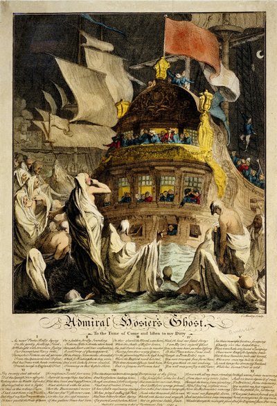 Amiral Hosiers spöke, bilden föreställer ett fartyg omgivet av spöken i linor, med befästningarna i en hamn av Charles Mosley