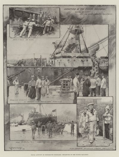 Marin aktivitet i Portsmouth Dockyard, flygande skvadronens avfärd (lito) av Charles Murray (after) Padday