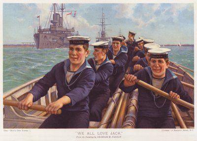 Matroser från HMS Triumph ror genom en hamn (färglitografi) av Charles Murray (after) Padday