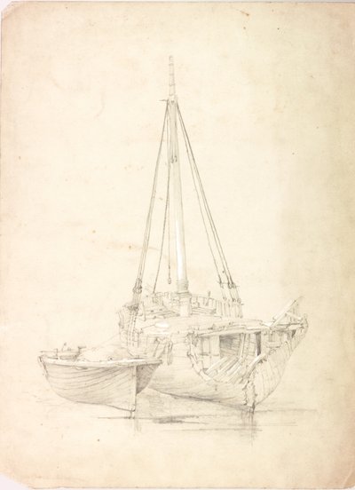Gammal fiskebåt och jolle (kroppsfärg och penna på papper) av Charles Napier Hemy