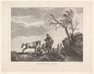 Resenärer under en mellanlandning Olycka på resan. (titel på objekt) av Charles Nicolas Cochin (II)