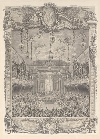 Dekoration av auditoriet byggt i Versailles för framförandet av ..., ca. 1745. av Charles Nicolas Cochin