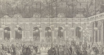 Dekoration för en maskerad bal i Versailles, i samband med t..., ca. 1860 nytryck av 1764 års plåt. av Charles Nicolas Cochin