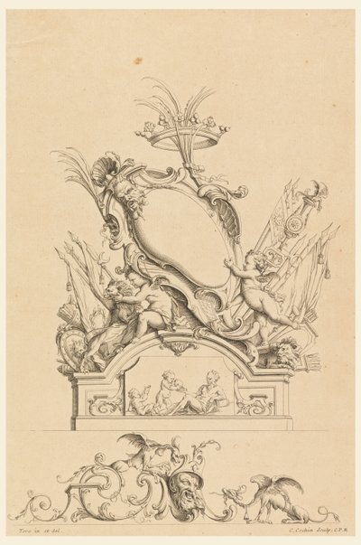 Design för Cartouche with Crown, Two Putti Serving Bacchus och Two Lions från "Cartouches Nouvellement Inventez" av Charles Nicolas Cochin the younger