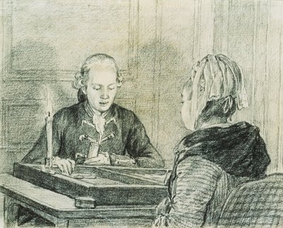 Ett sittande par, damen sedd bakifrån, spelar Backgammon med levande ljus av Charles Nicolas II Cochin