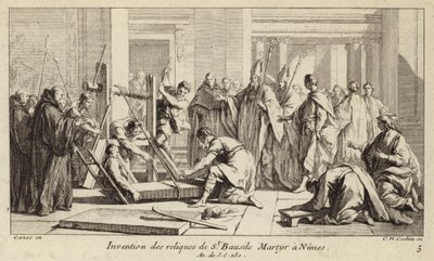 Upptäckt av relikerna från St Baudile, martyrdöd i Nimes år 250 (gravyr) av Charles Nicolas II Cochin