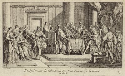 Etablering av Academie des Jeux Floraux, det äldsta litterära samfundet i västvärlden, Toulouse, Frankrike av Charles Nicolas II Cochin