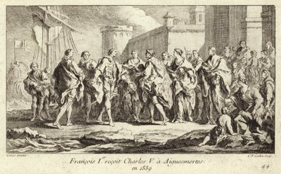 Kung Frans I av Frankrike tar emot kejsar Karl V i Aigues-Mortes av Charles Nicolas II Cochin