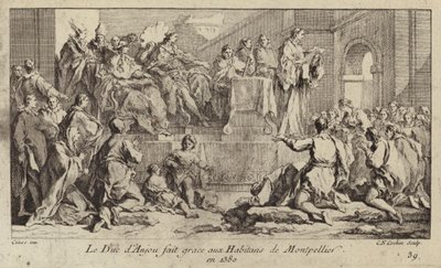 Ludvig I, hertig av Anjou, regent av kung Karl VI av Frankrike, tackar folket i Montpellier av Charles Nicolas II Cochin