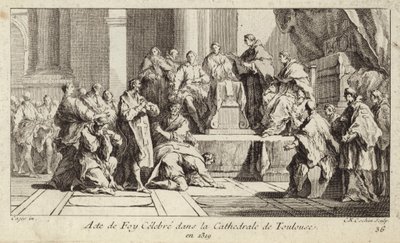Ångerfulla katarer förklarar sin tro på den katolska religionen i katedralen i Toulouse, Frankrike av Charles Nicolas II Cochin