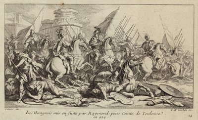 Den ungerska armén sattes på flykt av Raymond Pons, greve av Toulouse, 924 (gravyr) av Charles Nicolas II Cochin