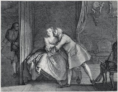 Öronmakaren och formställsillustrationen för Les contes de La Fontaine, cirka 1743”. gravyr av Charles-Nicolas Cochin (1715-1790). av Charles Nicolas II Cochin