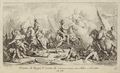Seger för Roger I, greve av Carcassonne, över Oliba Cabreta, 981 (gravyr) av Charles Nicolas II Cochin
