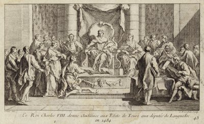 Charles VIII av Frankrike håller en utfrågning till deputerade från Languedoc på General Estates i Tours av Charles Nicolas II Cochin