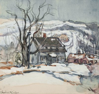 Hus och träd på vintern av Charles P. Reiffel