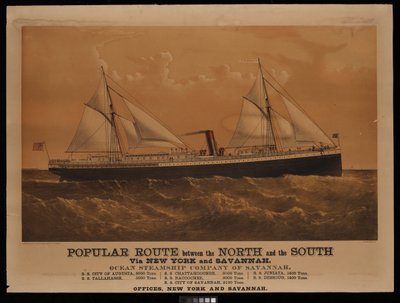 Populär rutt mellan norr och söder via New York och Savannah, Ocean Steamship Company of Savannah... Staden Augusta... (litografi, färglagd) av Charles Parsons