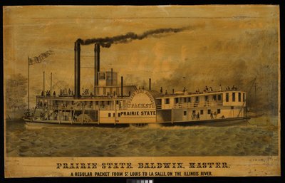 Prairie State. Baldwin, mästare. Ett reguljärt paket från St Louis till La Salle, på Illinoisfloden (litografi, färglagd) av Charles Parsons