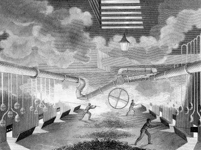 Allmän bild av ett gasverk, som visar att retorter laddas, 1835 av Charles Partington