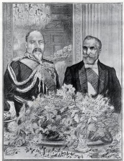 Hjärtligt: Frankrikes president Emile Loubets besök i London - banketten på den franska ambassaden - kung Edward VII och Loubet - ritad av Paul Renouard för tidningen The Graphic. juli 1903. av Charles Paul Renouard