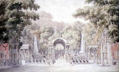 Design för en scen med ett venus tempel i en trädbevuxen trädgård för Gretrys "Anacreon" av Charles Percier