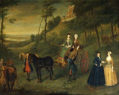 Ladies and Maids of Honor i Greenwich Park: Ett gruppporträtt av Juliana, hertiginnan av Leeds, Lady Charlotte Hamilton, Lady Isabella Tufton och Henrietta, grevinnan av Pomfret, alla bära ridvanor, med brudgum och hästar framför observatoriet, 173 av Charles Phillips