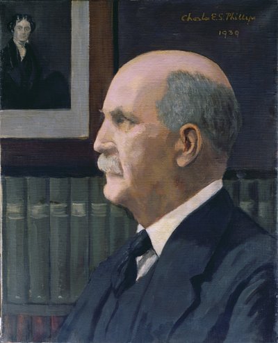 William Henry Bragg (1862-1942) med en bild av Michael Faraday (1791-1867) i bakgrunden, 1939 av Charles Phillips