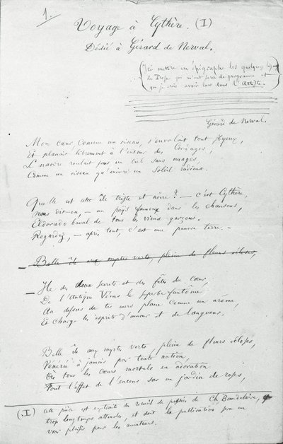 "Voyage a Cythere" autografdikt (penna och bläck på papper) (s/v foto) av Charles Pierre Baudelaire