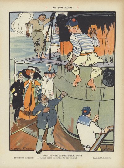 Våra duktiga sjömän. Illustration för Le Rire (färg litho) av Charles Pourriol