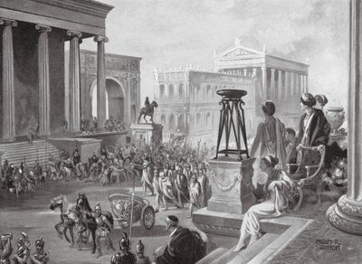 De achaiska ledarna bärs till Rom, 167 f.Kr (litografi) av Charles Rebel Stanton