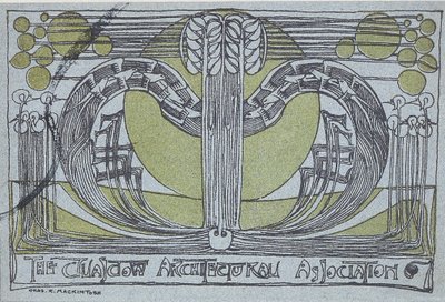 Conversazione Program for the Glasgow Architectural Association, 1894 (linosnitt tryckt i svart och grönt på ljusblått papper) av Charles Rennie Mackintosh
