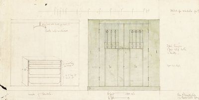 Design för en garderob, visad i höjdled på framsidan och interiören, ca 1899-1900 (Blyertspenna, akvarell) av Charles Rennie Mackintosh
