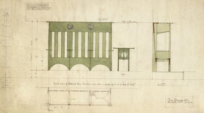 Utformning för bänkar och bord, visad i höjd- och sektionsplan av Charles Rennie Mackintosh