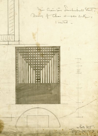 Design för beställningsstolen, visad i höjd och plan, 1904 av Charles Rennie Mackintosh