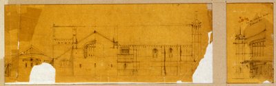 Design för fasaden på en kyrka visad i höjdled, och en underordnad design för entrén till kyrkan, visad i höjdled, ca 1895-99 av Charles Rennie Mackintosh