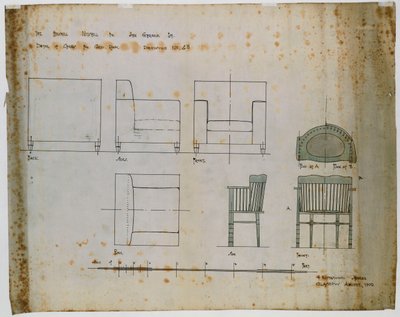 Design för en stoppad stol och en spindelstol som visas i höjd och plan av Charles Rennie Mackintosh