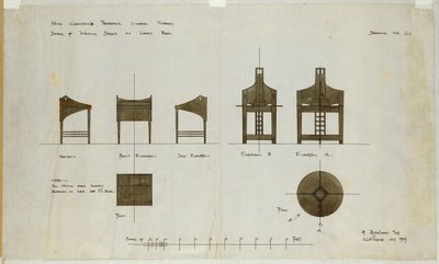 Mönster för skrivbord som visas på fram- och sidohöjder, för Ingram Street Tea Rooms, 1909 av Charles Rennie Mackintosh