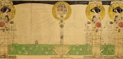 Preliminär design för väggmålningsdekoration av rummet på första våningen i Miss Cranstons Buchanan Street Tearooms, 18967 (penna och wc på kalkerpapper) av Charles Rennie Mackintosh